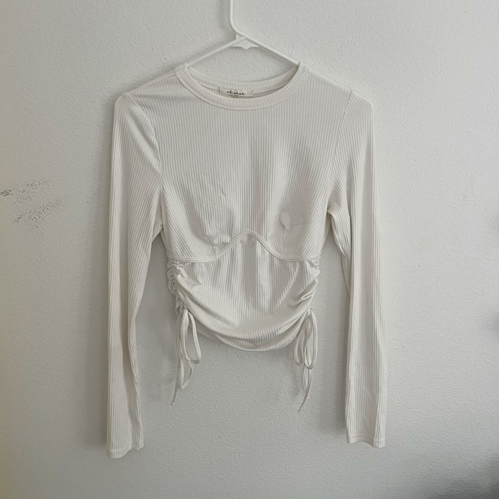White Long-Sleeve Cropped Tie Sides Top